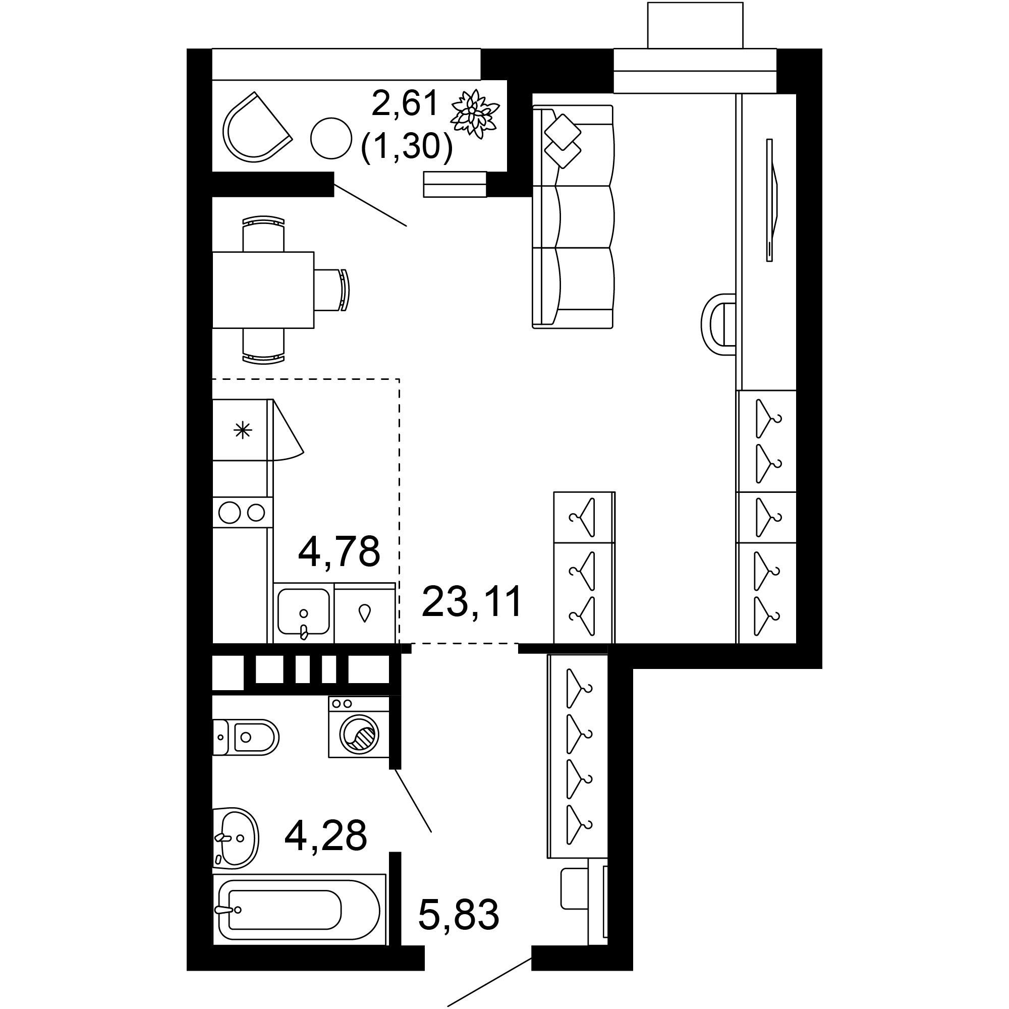 1-комн. квартира, 39,1 м² — фото 1